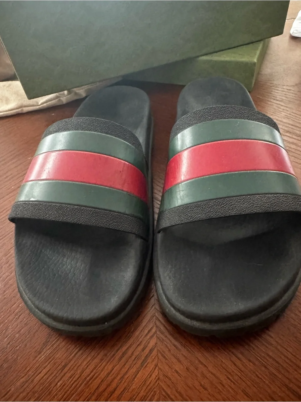 Gucci Black Slides with Green and Red Stripes